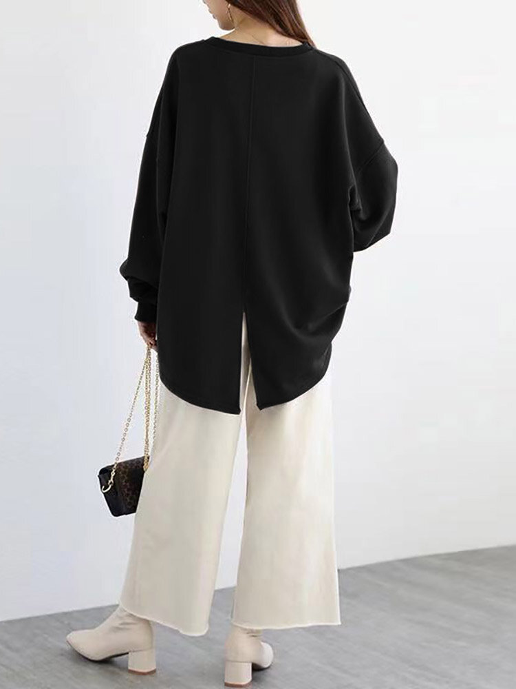 Women Loose Thick Back Fork High Low Solid Casual Pullover Sweatshirt