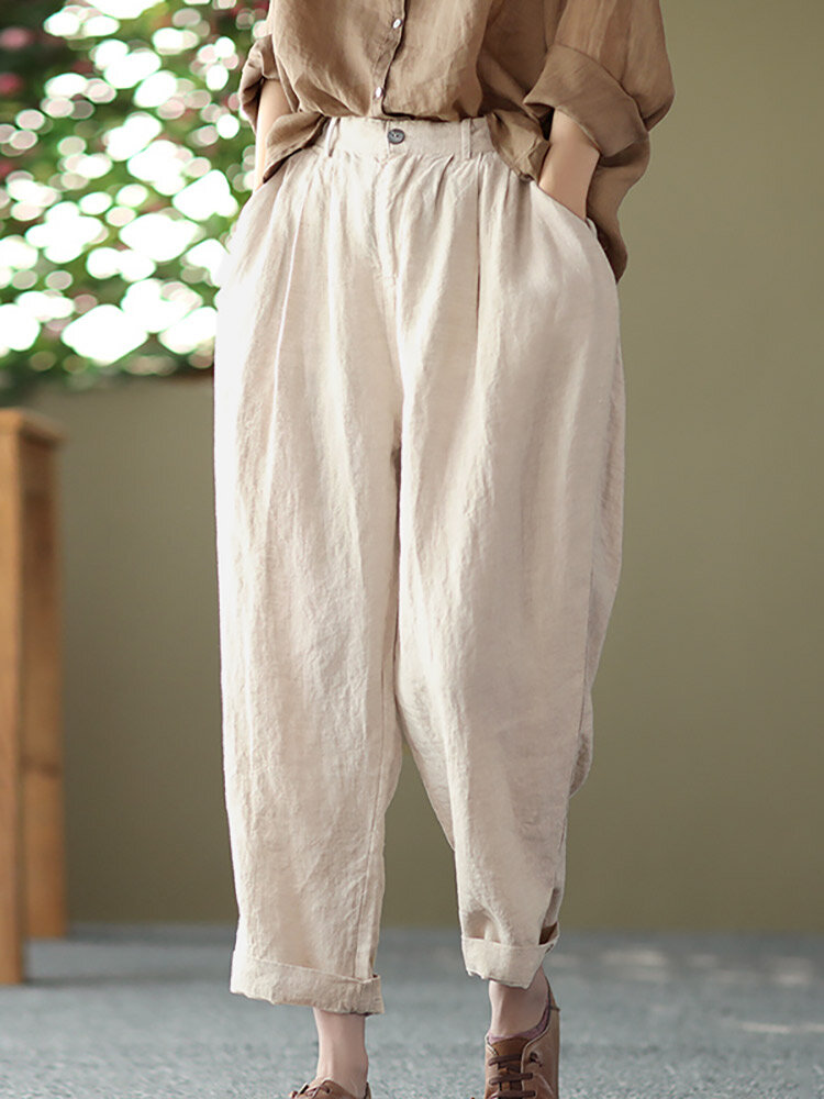 Leisure Solid Cotton Pocket Casual Cotton Pants