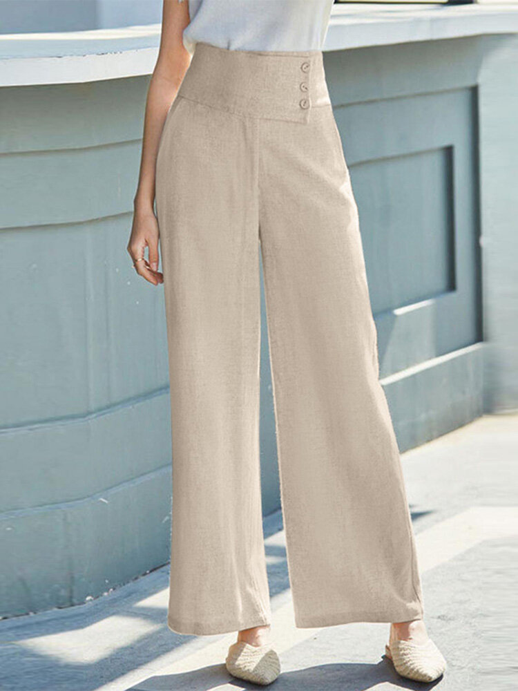 Solid Pocket Button Wide Leg High Waist Casual Pants