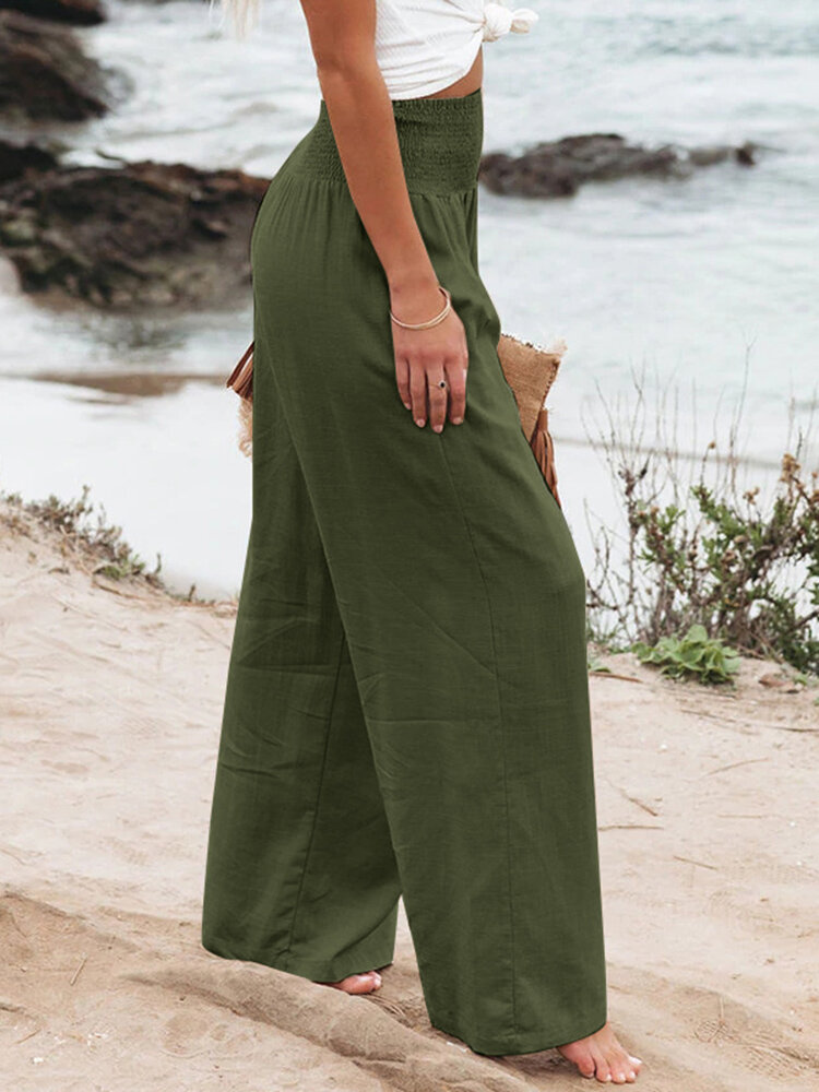 Leisure Solid Shirring Pocket Wide Leg Cotton Pants