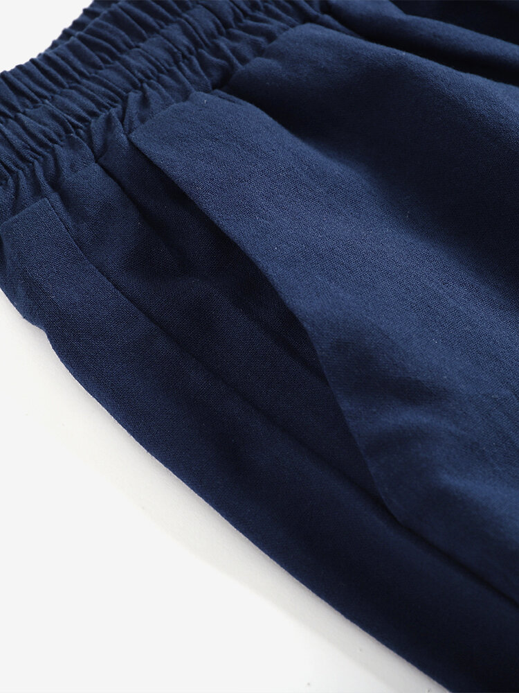 Leisure Solid Drawstring Pocket Cotton Casual Pants