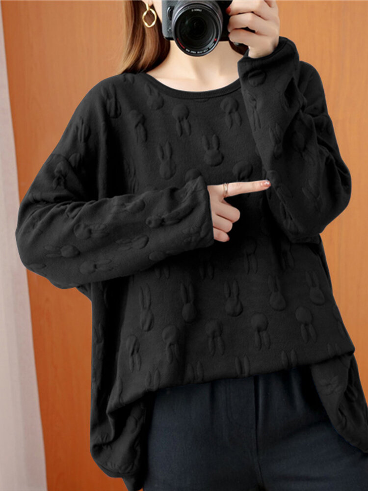 Women Loose All Rabbits Print Stereogram Solid Casual Pullover Sweatshirt
