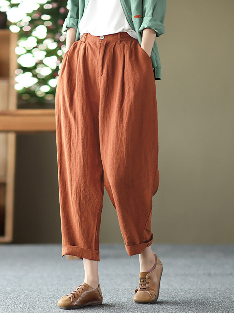 Leisure Solid Cotton Pocket Casual Cotton Pants