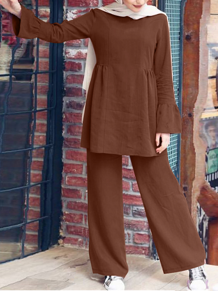 Women Solid Color Ruffle Hem Long Sleeve Top Loose Pants Casual Two  Piece Sets