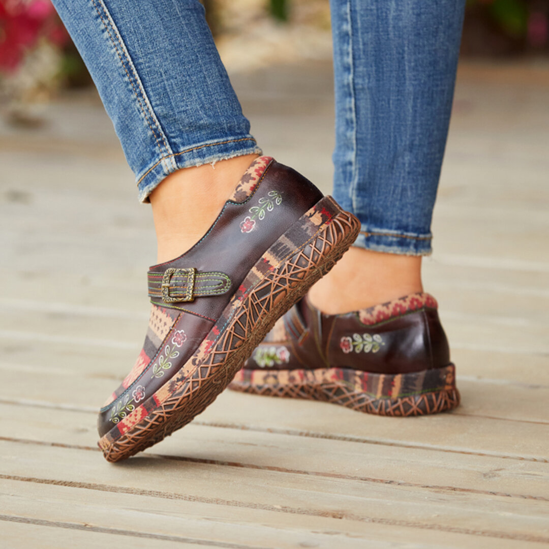  Genuine Leather Handmade Patchwork Comfy Retro Ethnic Pattern Flat Shoes