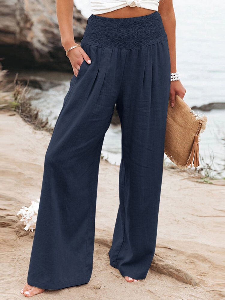 Leisure Solid Shirring Pocket Wide Leg Cotton Pants