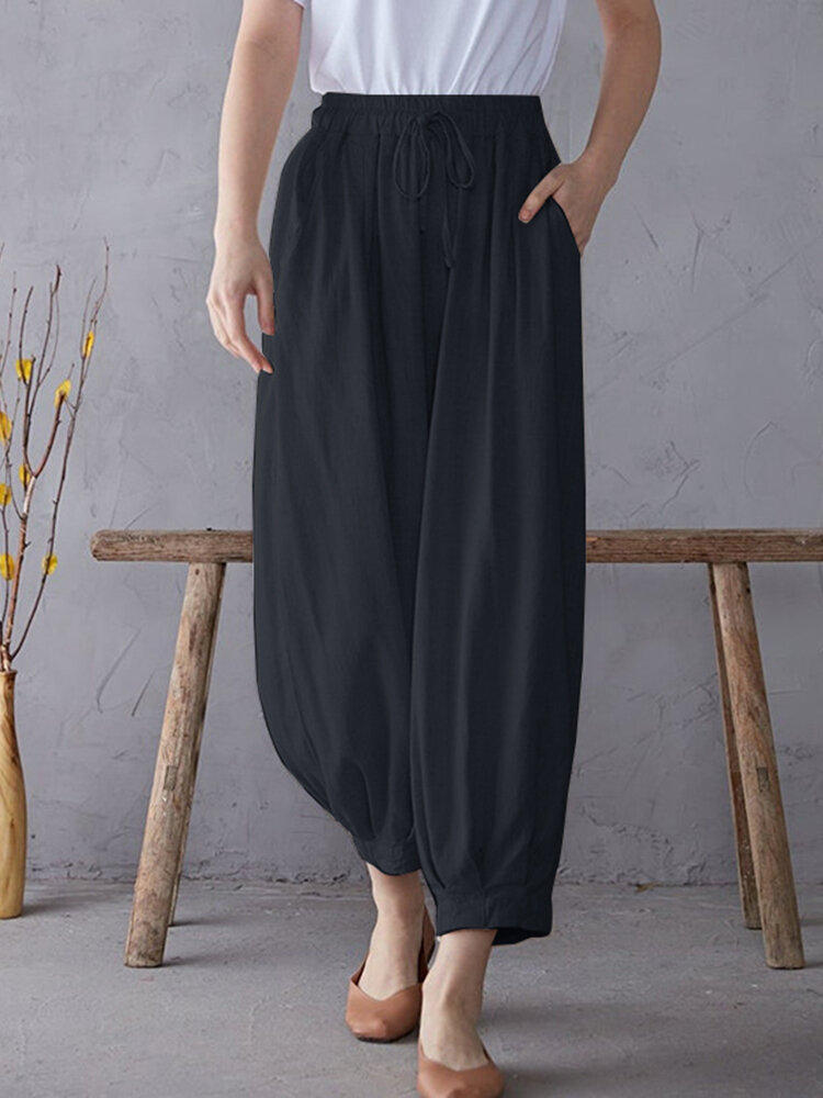 Solid Elastic Waist Drawstring Pocket Cotton Casual Pants