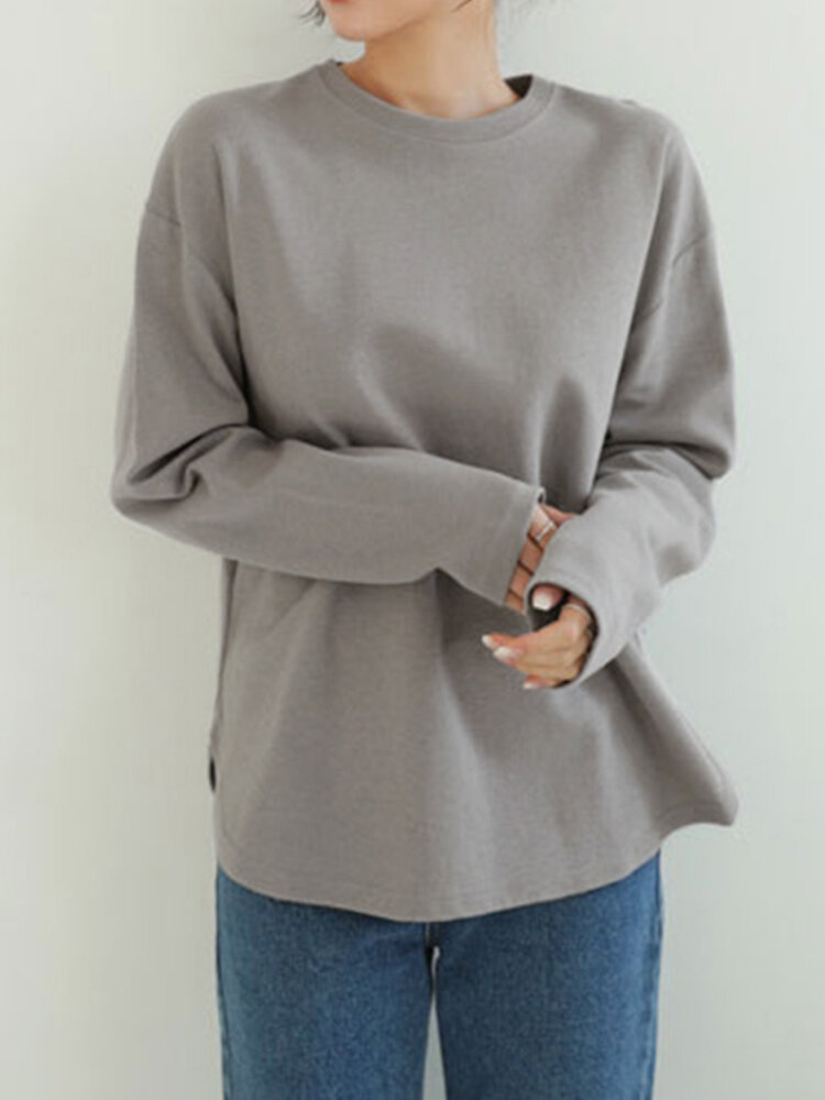 Women Long Sleeve Loose Solid Side Fork High Low Casual Pullover Sweatshirt