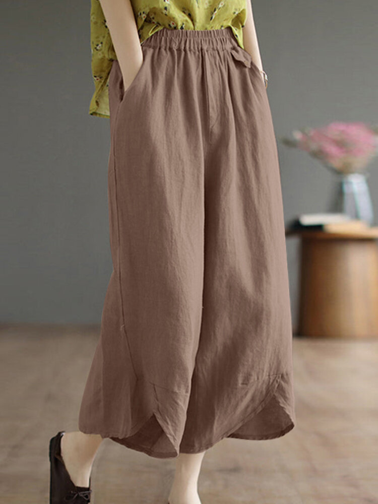 Solid Asymmetrical Hem Pocket Wide Leg Crop Pants