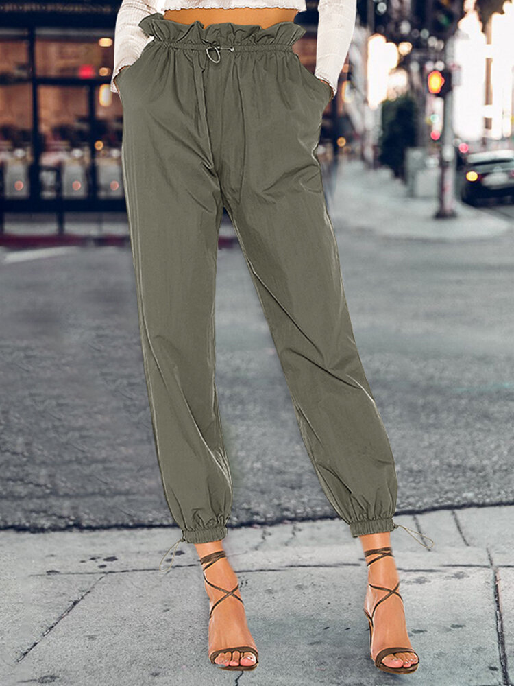 Solid Color Drawstring High Waist Elastic Casual Pants With Pockets