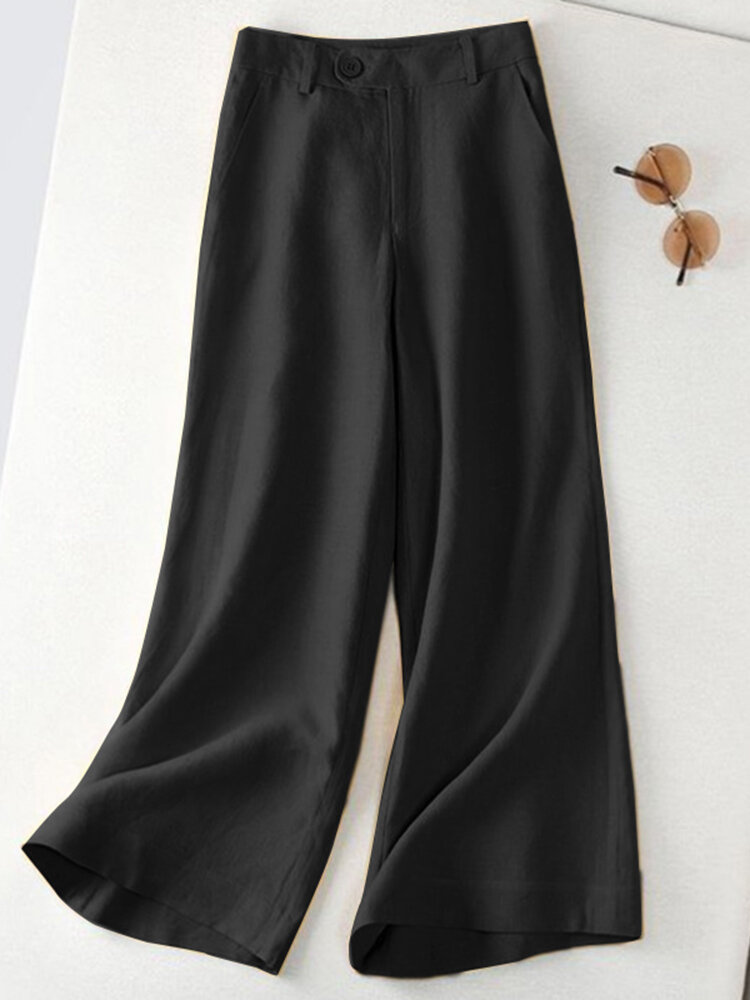 Leisure Solid Button Pocket Wide Leg Cotton Pants