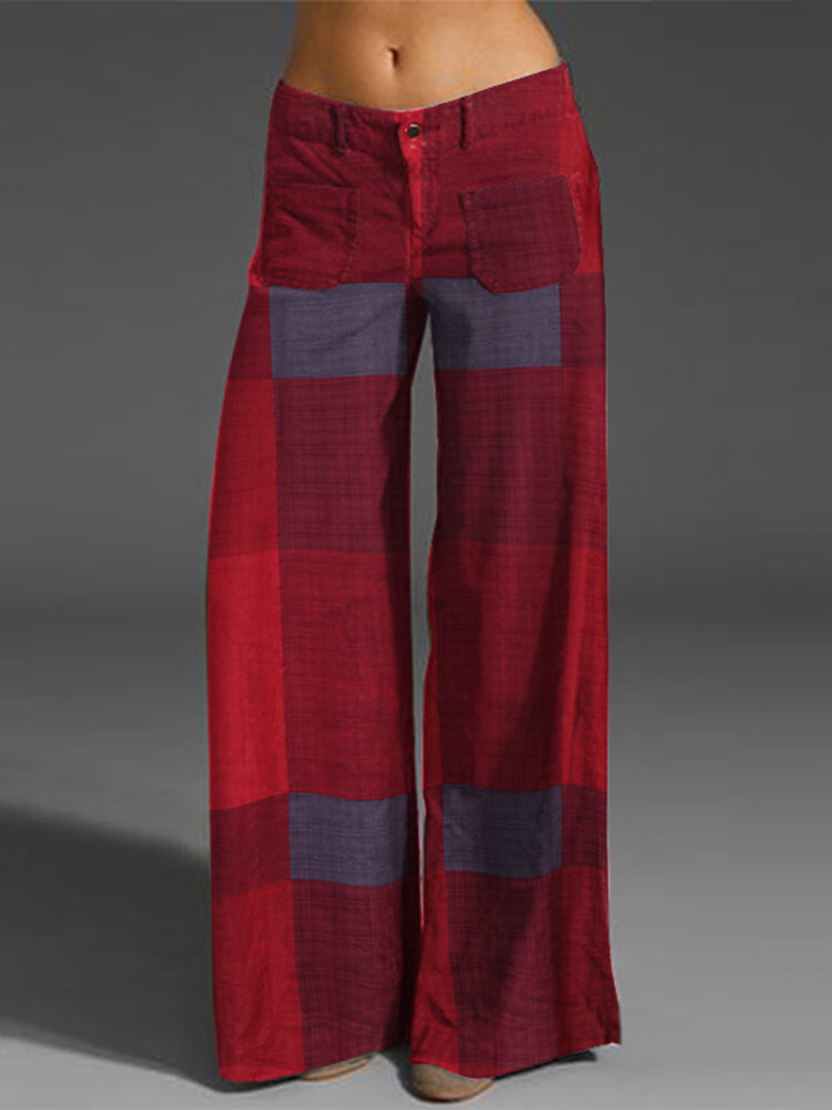 Check Print Pocket Zipper Button Pants For Women