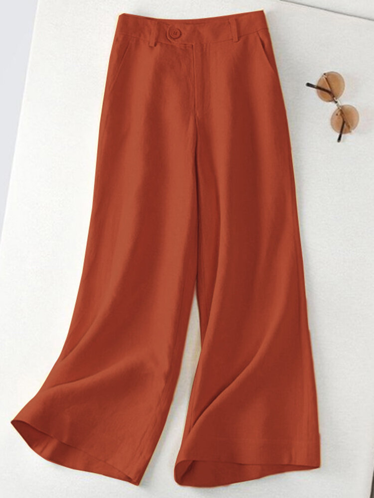 Leisure Solid Button Pocket Wide Leg Cotton Pants