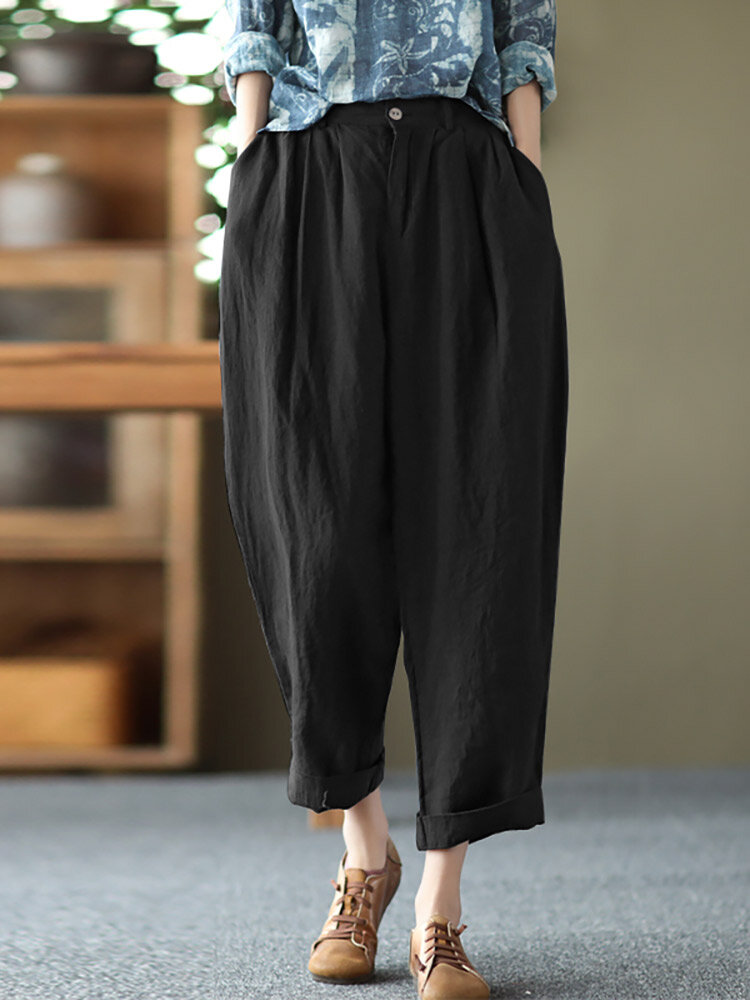 Leisure Solid Cotton Pocket Casual Cotton Pants