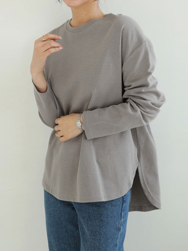Women Long Sleeve Loose Solid Side Fork High Low Casual Pullover Sweatshirt