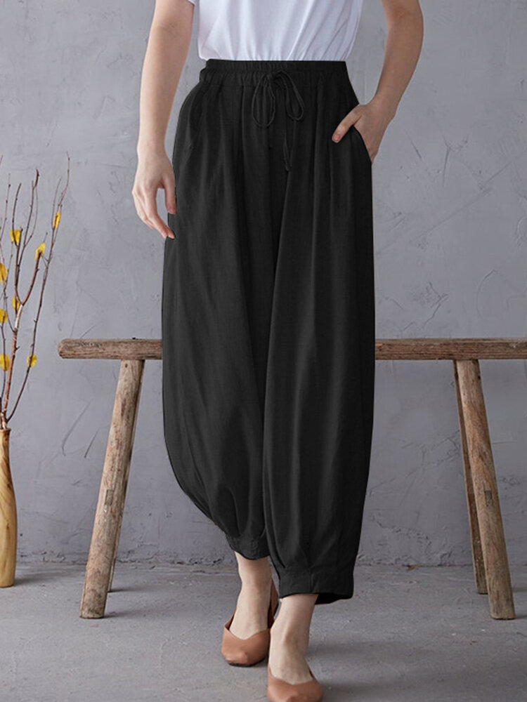 Solid Elastic Waist Drawstring Pocket Cotton Casual Pants