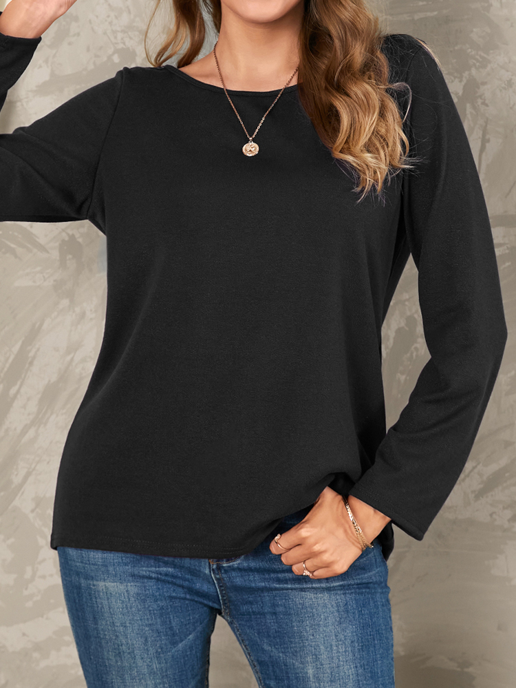 Women Solid Color Basic Designed Pleats Round  Neck Long Sleeve Casual Blouses