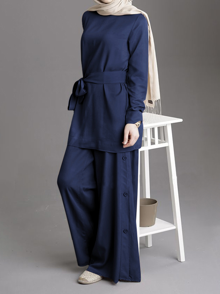 Women Solid Color Belted Blouse Button Loose Pants Two  Piece Casual Set