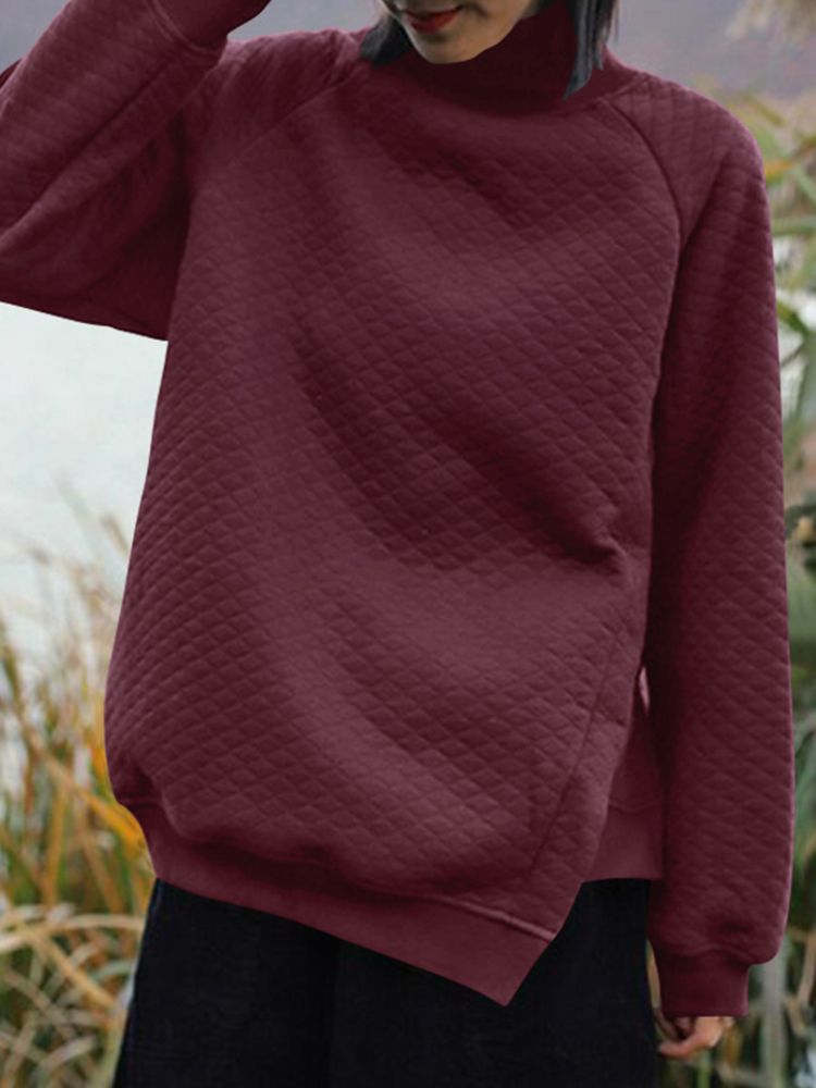 Women Rhombic Turtleneck Thic Full Sleeve Spliced Irregular Hem Pullover Sweatshirt