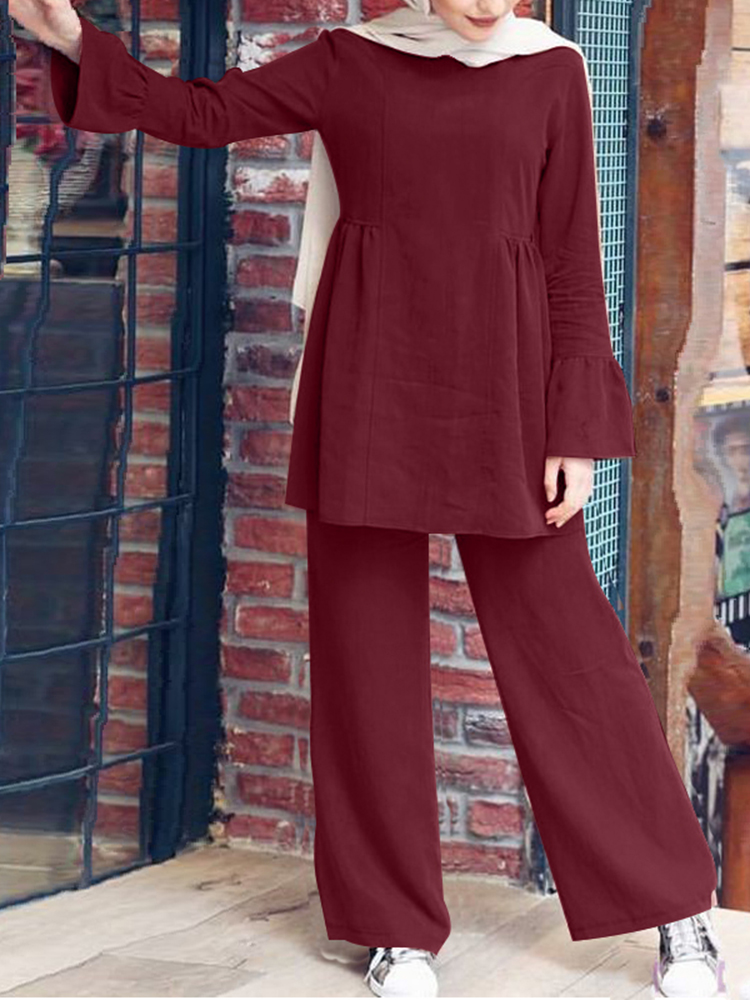 Women Solid Color Ruffle Hem Long Sleeve Top Loose Pants Casual Two  Piece Sets