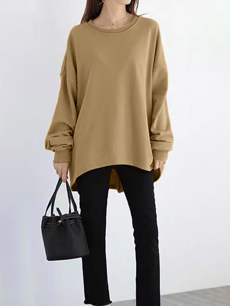 Women Loose Thick Back Fork High Low Solid Casual Pullover Sweatshirt