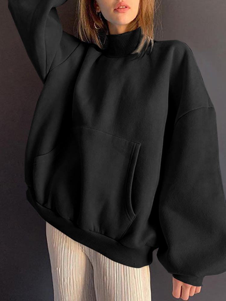 Women Solid Loose Casual Thick Sweatshirts with Kangaroo Pockets