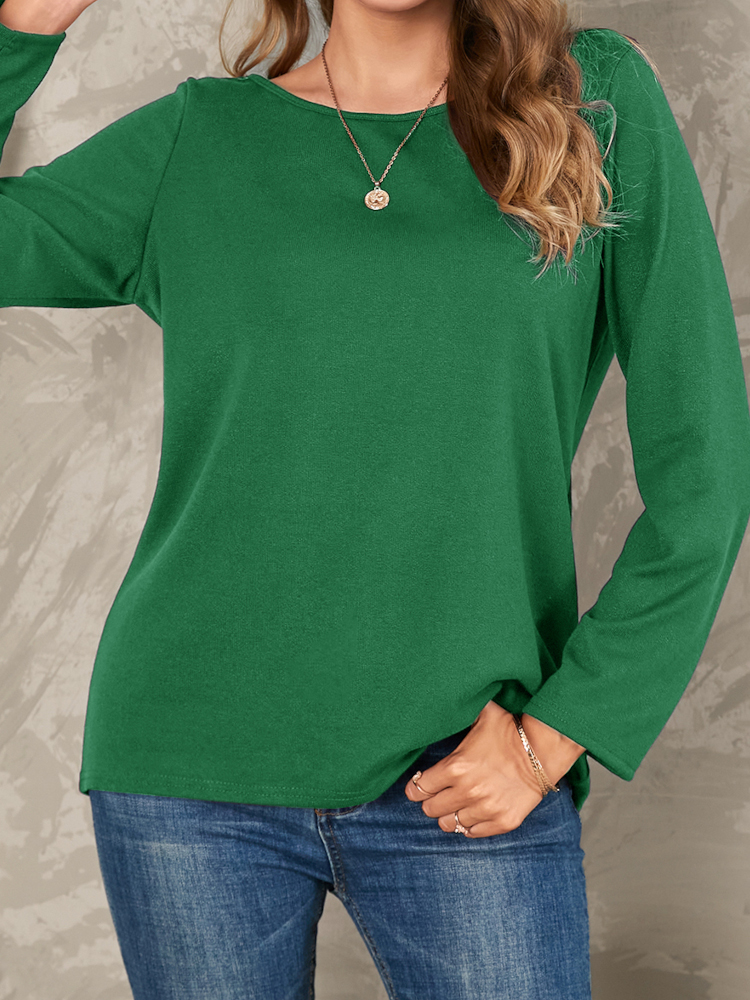 Women Solid Color Basic Designed Pleats Round  Neck Long Sleeve Casual Blouses