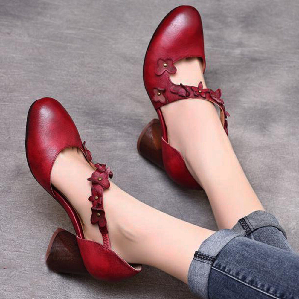 Plus Size Women Retro Date Shoes Floral Embellished Chunky High Heels