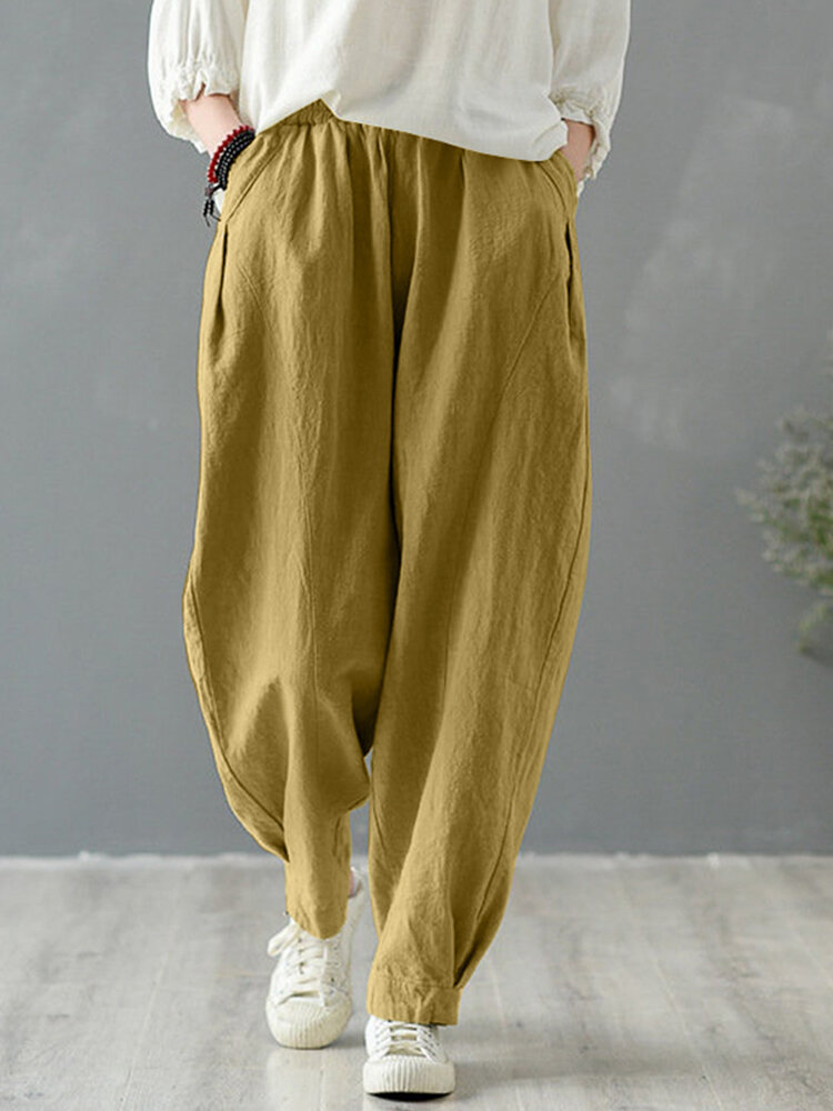 Solid Cotton Pocket Elastic Waist Casual Loose Pants