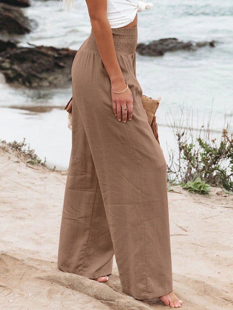 Leisure Solid Shirring Pocket Wide Leg Cotton Pants