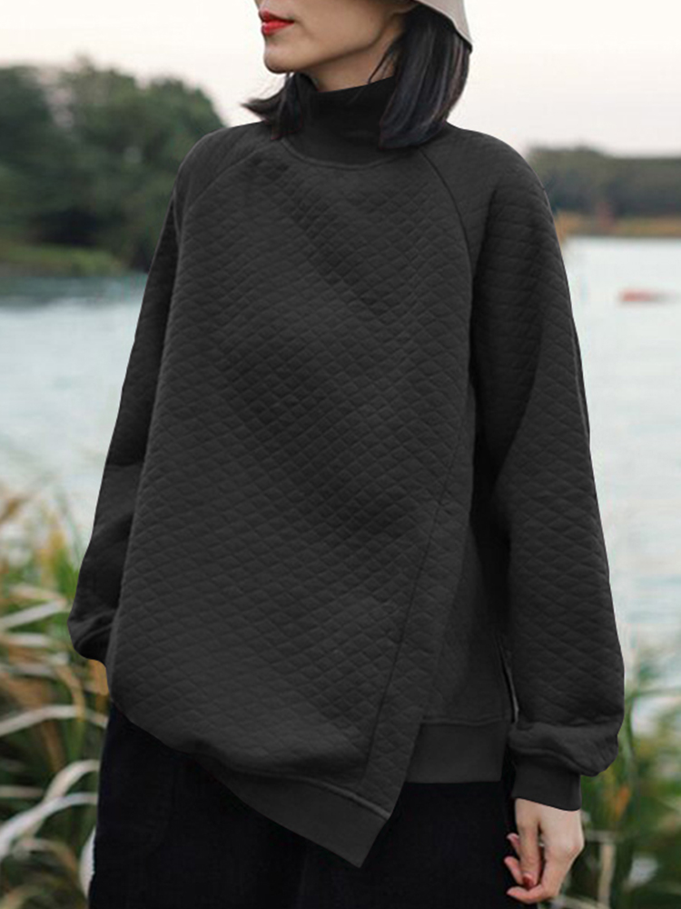 Women Rhombic Turtleneck Thic Full Sleeve Spliced Irregular Hem Pullover Sweatshirt