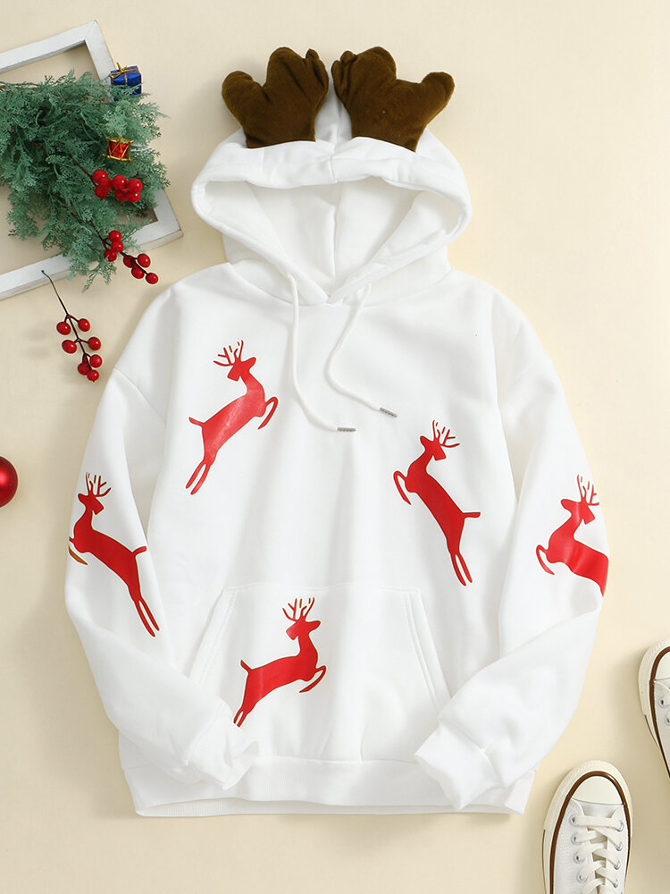 Women Christmas Printed Antler Fleece Thick Casual Hooded Sweatshirt