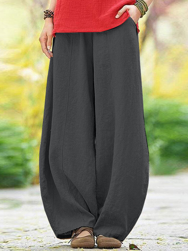 Solid Pocket Elastic Waist Cotton Casual Pants