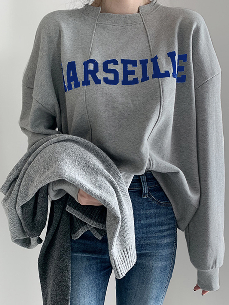 Women Solid Embroidery Words Casual Loose O  Neck Street Fashion Sweatshirt