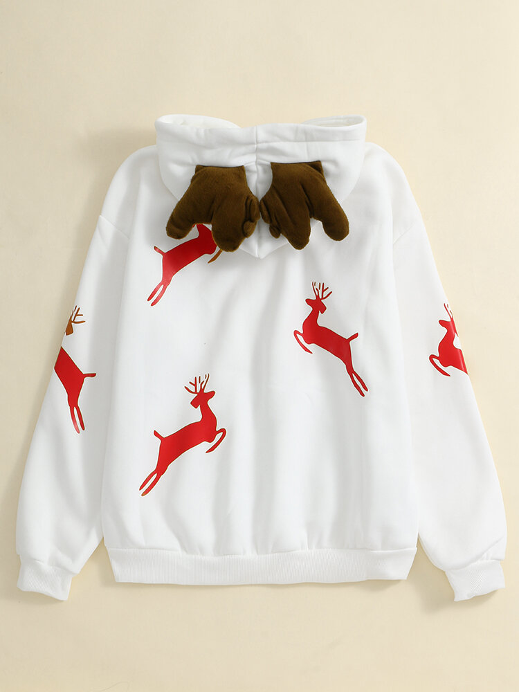 Women Christmas Printed Antler Fleece Thick Casual Hooded Sweatshirt