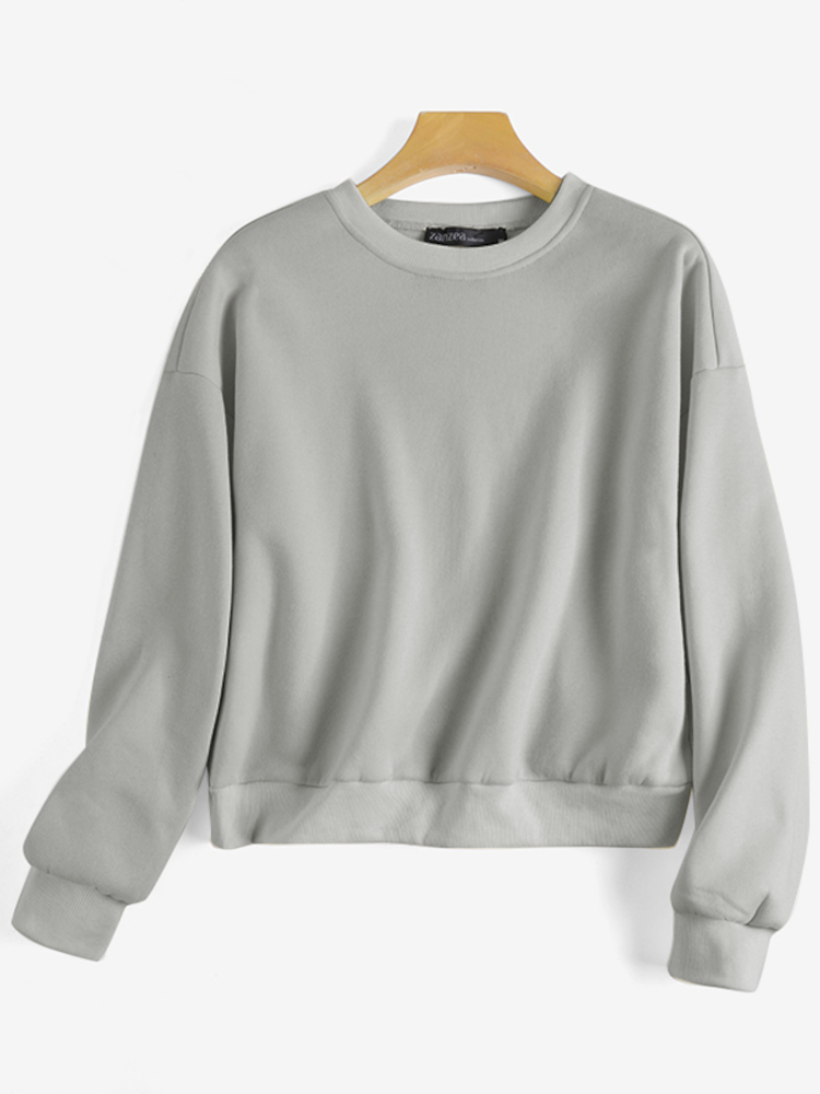 Women Thick Solid Puff Sleeve Solid Color O  Neck Full Sleeve Pullover Sweatshirt