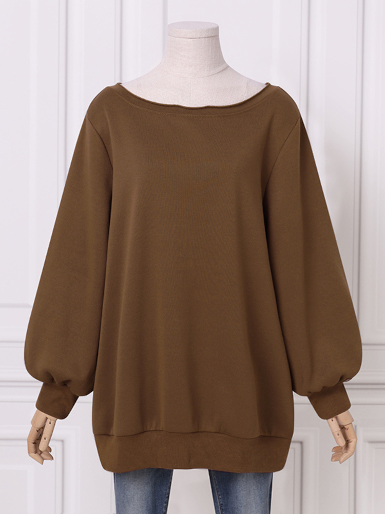 Women Puff Sleeve Solid Thick O  Neck Preppy Homely Sweatshirt