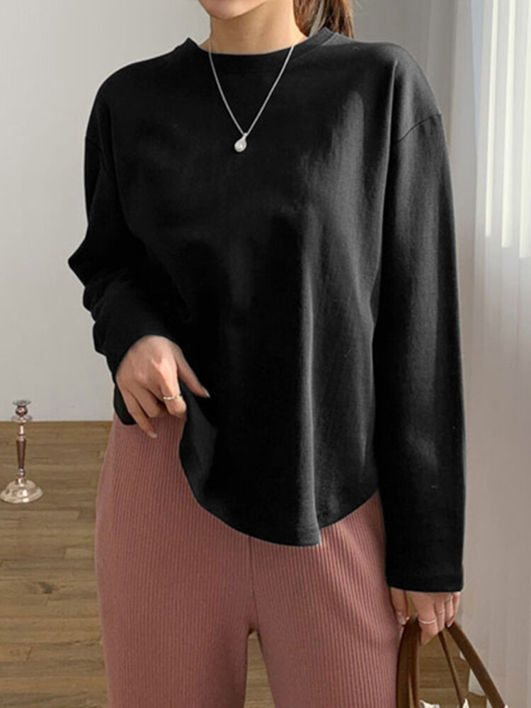 Women Long Sleeve Loose Solid Side Fork High Low Casual Pullover Sweatshirt